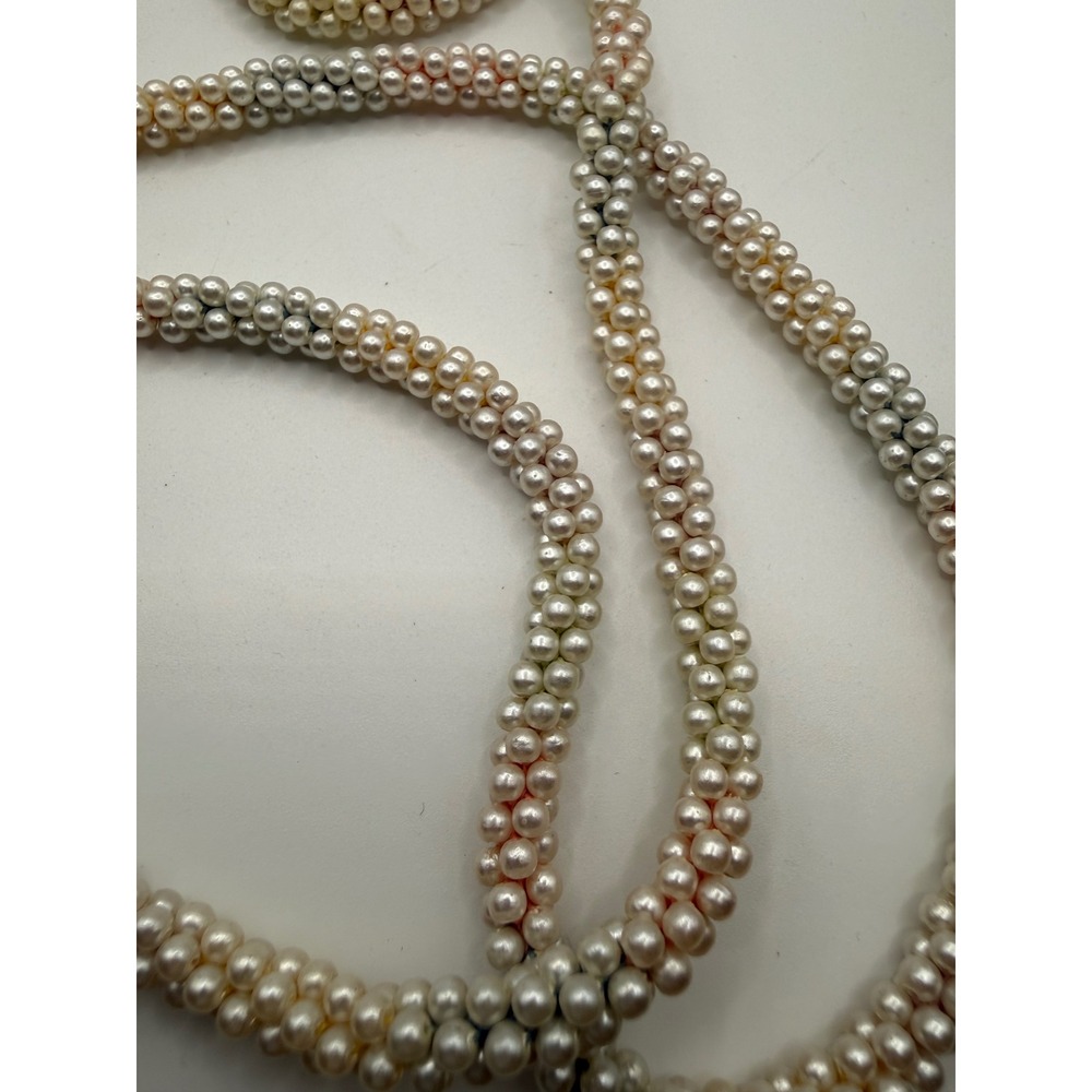 Multi Strand Pearl Bead Rope Necklace Long Tassel Ends White Peach Grey 56 Inch - Picture 3 of 3